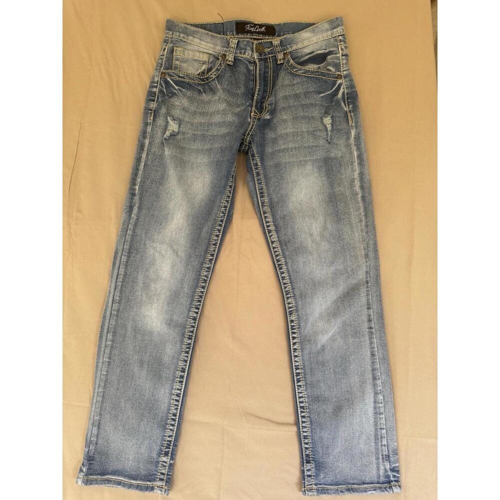 True Luck Men's Straight Jeans Blue Denim Distressed Button Zip 5-Pocket